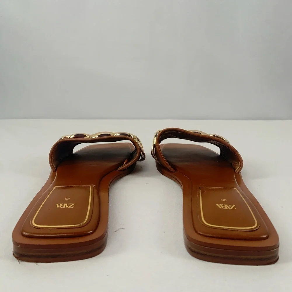 Zara Square Toe Vegan Leather Gold Chain Slides in Brown Size 7.5 or 38‎